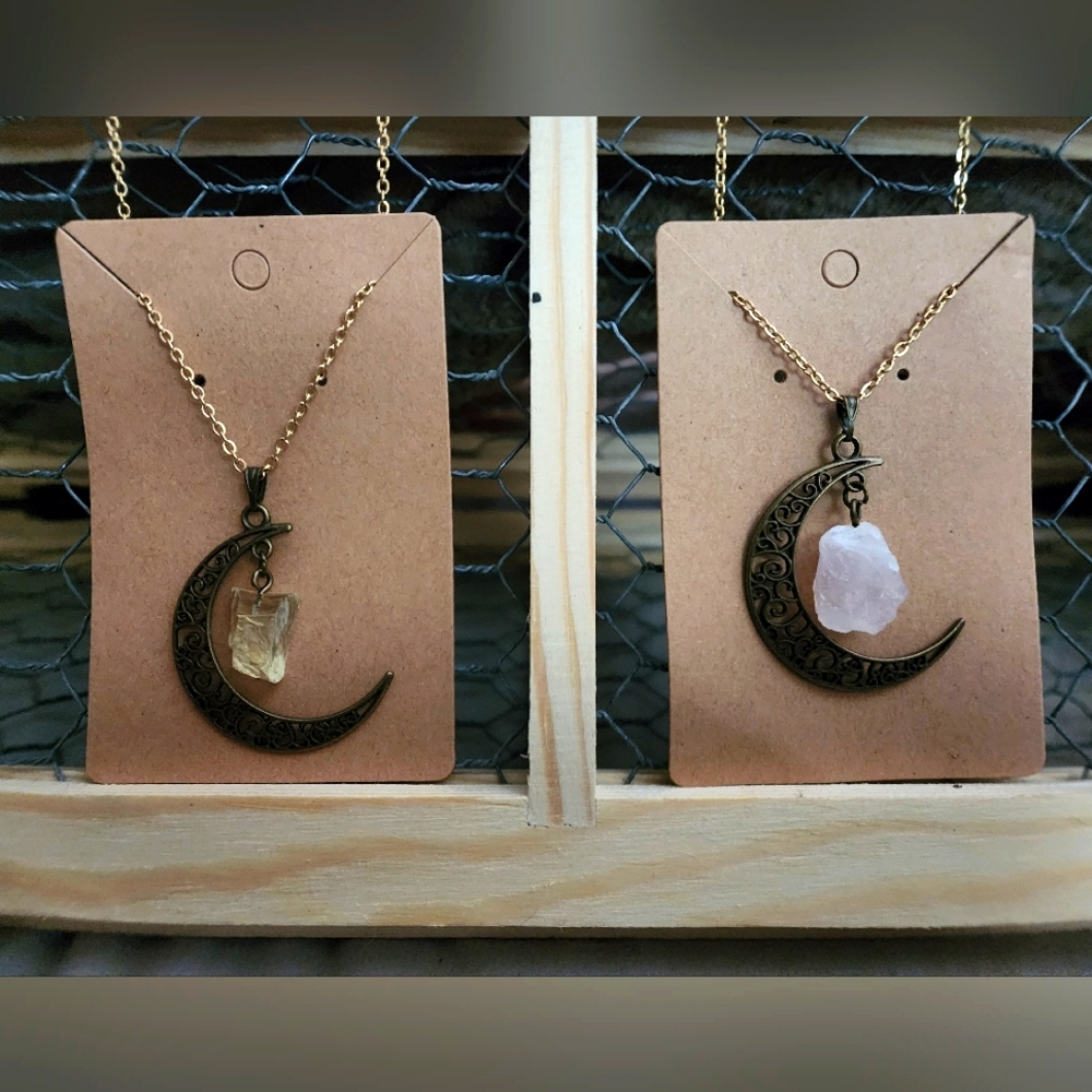 Rose Quartz & Citrine Moon Pendants NECKLACE with Chains